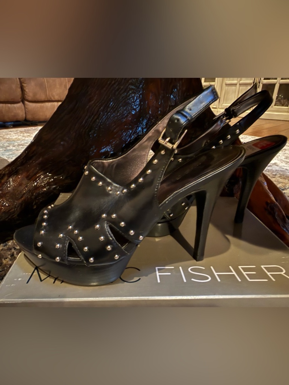 Marc Fisher Black Studded Platform Slingback Heels